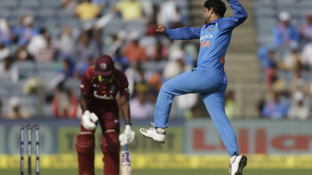 Kuldeep Yadav did not give much breathing space to Windies as he soon snapped the wicket of Rovman Powell. The batsman failed to read a googly from the left-arm spinner and he edged the ball to Rohit Sharma standing at first slip. Windies' score at the fall of Powell's wicket read 121/5. (Image: AP) Kuldeep Yadav did not give much breathing space to Windies as he soon snapped the wicket of Rovman Powell. The batsman failed to read a googly from the left-arm spinner and he edged the ball to Rohit Sharma standing at first slip. Windies' score at the fall of Powell's wicket read 121/5. (Image: AP)