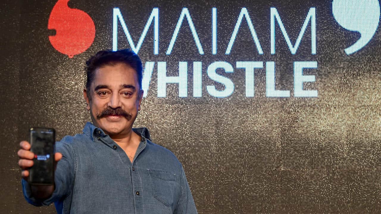 Kamal Haasan at the launch of the Maiam Whistle application (Image: PTI)