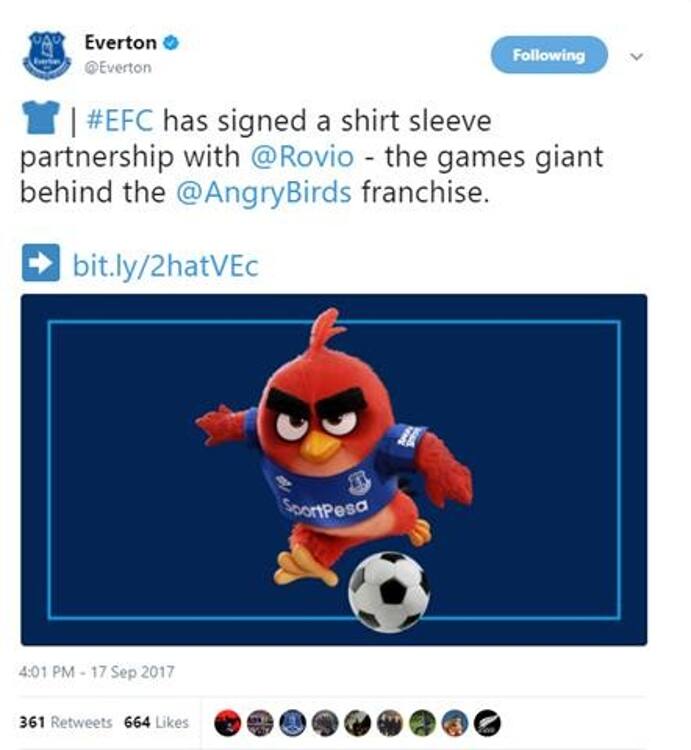 Angry Birds Video game franchise Angry Birds have become Everton's first ever shirt sleeve sponsor. Angry Birds Video game franchise Angry Birds have become Everton's first ever shirt sleeve sponsor.