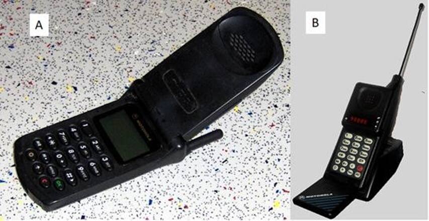 The two mobile phones shown here are the first two examples of what styles of mobile phones? The two mobile phones shown here are the first two examples of what styles of mobile phones?