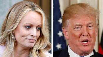 A combination photo shows Adult film actress Stephanie Clifford, also known as Stormy Daniels speaking in New York City, and U.S. President Donald Trump speaking in Washington, Michigan, U.S. on April 16, 2018 and April 28, 2018 respectively. REUTERS/Brendan McDermid, Joshau Roberts/Files
