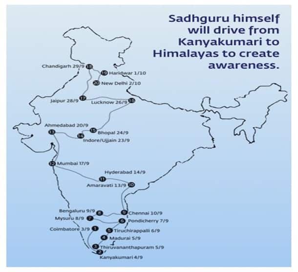 Q17. The image on the next slide shows a particular route undertaken by a Sadhguru to create awareness on protecting rivers. It started on 2nd September’17 and culminated on 2nd October’17. What was it called? 