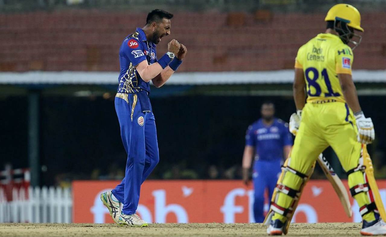 The Pandya brothers then got into the act as Hardik got Suresh Raina caught out in the 4th over and Krunal castled Ambati Rayudu for a duck in the very next over. Krunal continued to torment the batsmen with his spin and castled Kedar Jadhav too in the 8th over to reduce CSK to 45/4. (Image: BCCI, iplt20.com) The Pandya brothers then got into the act as Hardik got Suresh Raina caught out in the 4th over and Krunal castled Ambati Rayudu for a duck in the very next over. Krunal continued to torment the batsmen with his spin and castled Kedar Jadhav too in the 8th over to reduce CSK to 45/4. (Image: BCCI, iplt20.com)