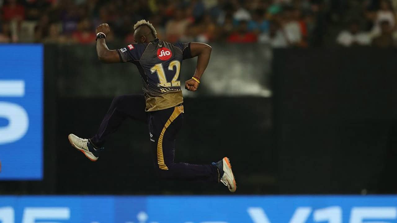 Andre Russell then picked up a wicket with his very first delivery when he got Evin Lewis caught behind in the 7th over. He returned in the 9th over to get rid of Suryakumar Yadav who got a leading edge back to the keeper. MI were struggling at 58/4 when Yadav walked back. (Image: BCCI, iplt20.com)