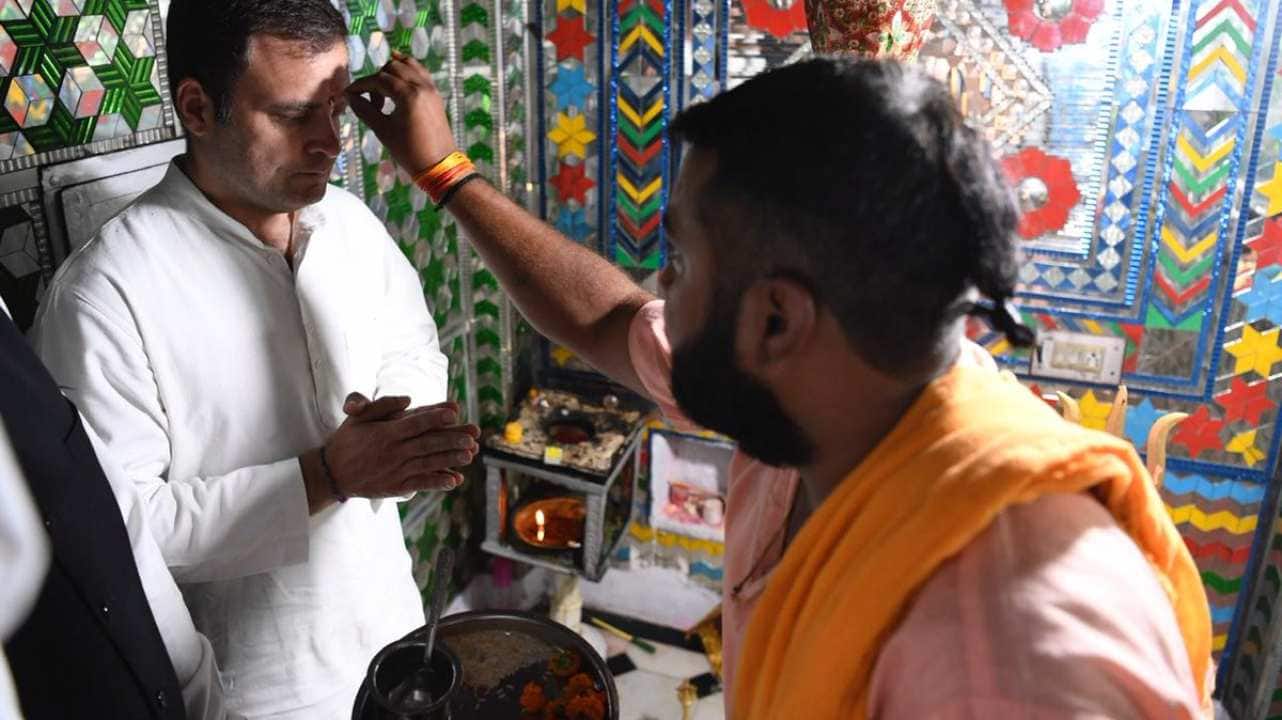 During his campaign trail in Rajasthan, which the Congress wrested from the BJP in the 2018 Assembly polls, Rahul Gandhi is seen visiting the Beneshwar Mahadev Temple, ahead of the Lok Sabha elections. (Image: Twitter/@INCIndia)