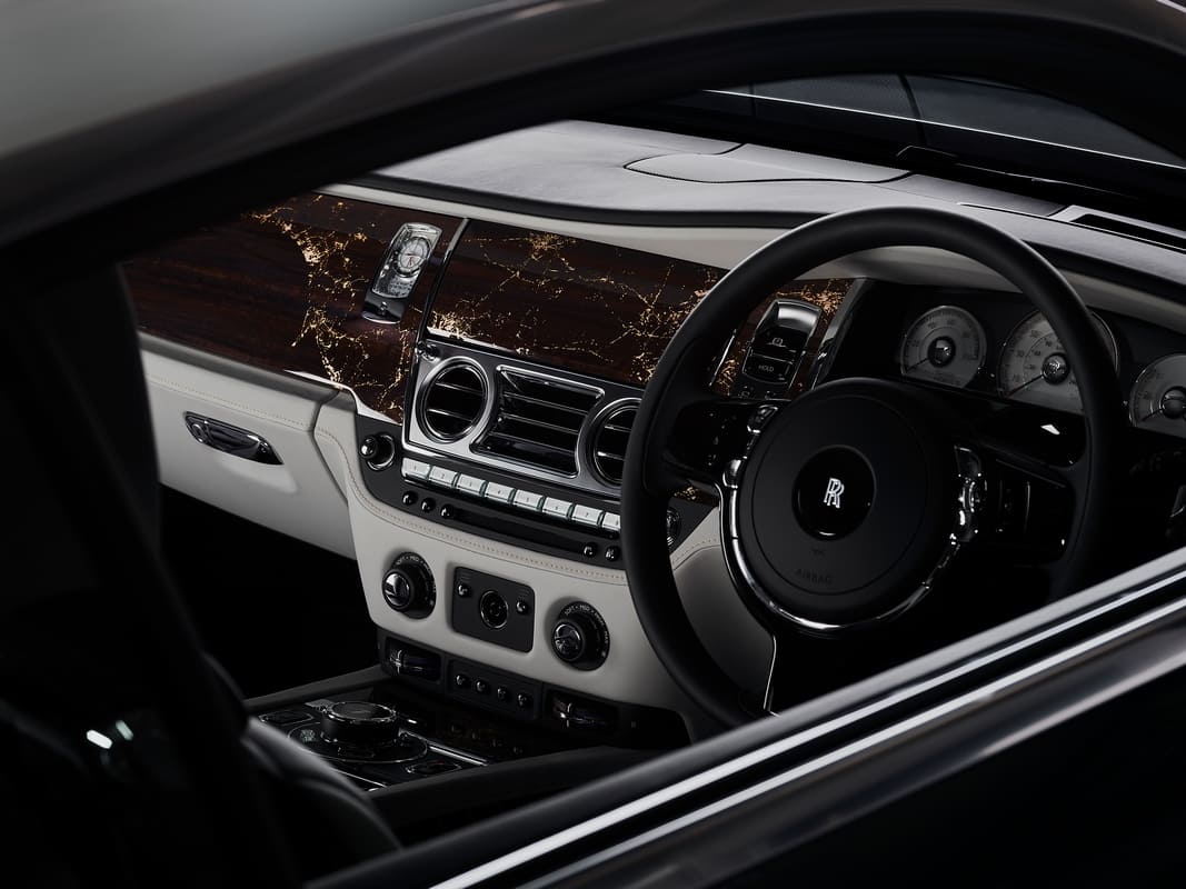 The car is decked with Selby Grey and black leather which are accented by brass to remind drivers of the brass sextant so integral to the success of the transatlantic journey. 
