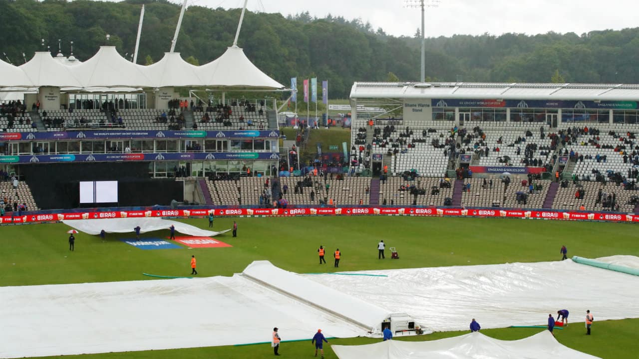 General view of the covers over the pitch during a rain delay during the 2019 ICC Cricket World Cup - South Africa v West Indies - The Ageas Bowl, Southampton, Britain. (Image- Reuters)
