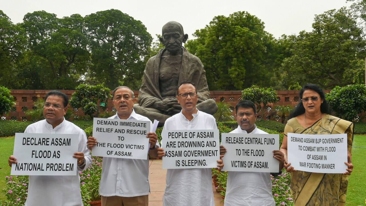  Meanwhile, Congress MPs from Assam launched a protest in front of the Gandhi statue in Parliament over the flood situation in the state and demanded that Assam floods be declared a national problem. The Ministry of Home Affairs (MHA), headed by Amit Shah, has also been apprised of the situation. (Image: PTI)