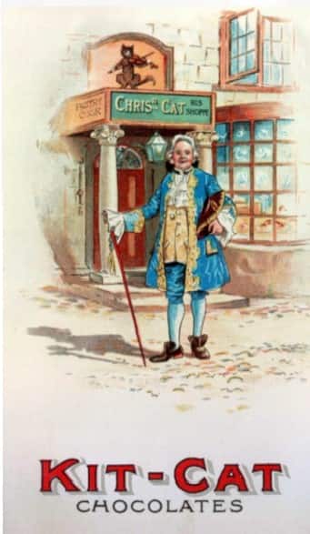 Answer: Kit Kat - Use of the name Kit Kat or Kit Cat for a type of food goes back to the 18th century, when mutton pies known as a Kit-Kat were served at meetings of the political Kit-Cat Club in London owned by pastry chef Christopher Catling. Map shows countries where Kit Kat is marketed. The A kit-cat portrait or kit-kat portrait is a particular size of portrait, less than half-length, but including the hands. The name originates from a famous series of portraits which were commissioned from Godfrey Kneller for members of the Kit-Cat Club, a Whig dining club, to be hung in their meeting place at Barn Elms. The special Kit-cat portrait size is said to have been determined because the dining-room ceiling of the Kit-cat Club was too low for half-length portraits of the members. Slightly larger than the traditional head and shoulders format, it allows enough space to include one or both hands.