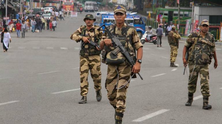 Security personnel patral streets in Jammu, Jammu and Kashmir.