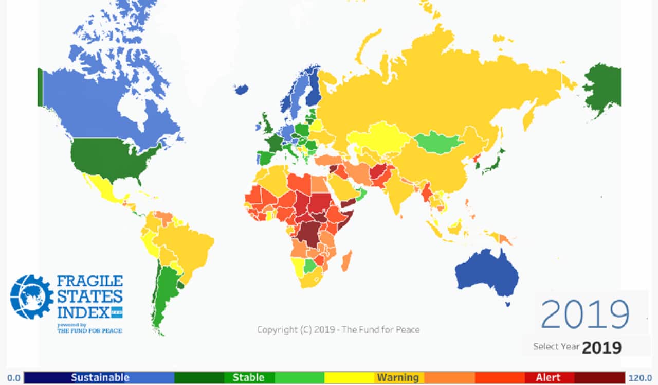 The World Fragility Index ranks 178 nations on the basis of cohesion, economic, political and social factors. The countries which receive the highest scores are said to be the most fragile. (Image: Fragile State Index)