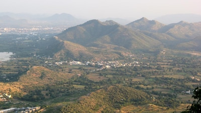 An aerial view of Udaipur and Aravali hills in Rajasthan. 