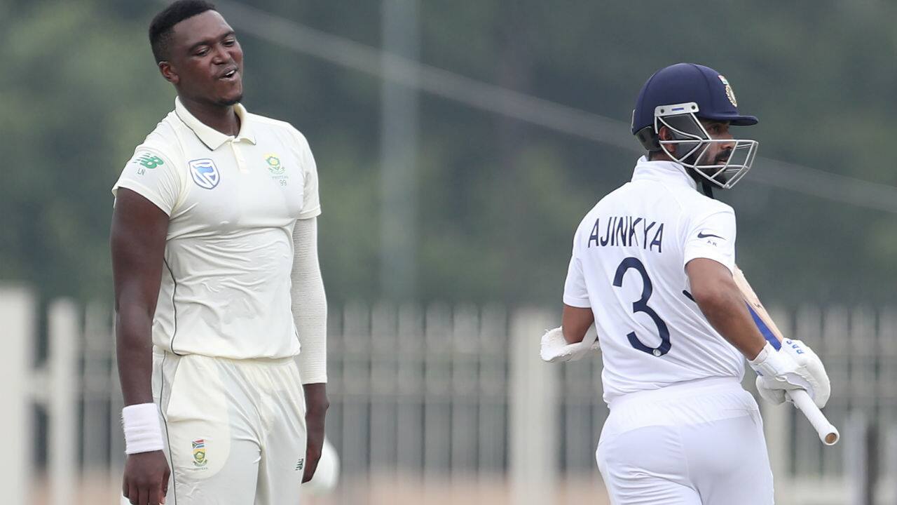 After India were rocked by 3 ealry wickets, Rohit Sharma in company of Ajinkya Rahane guided India to 71/3 at Lunch. (Image: AP)