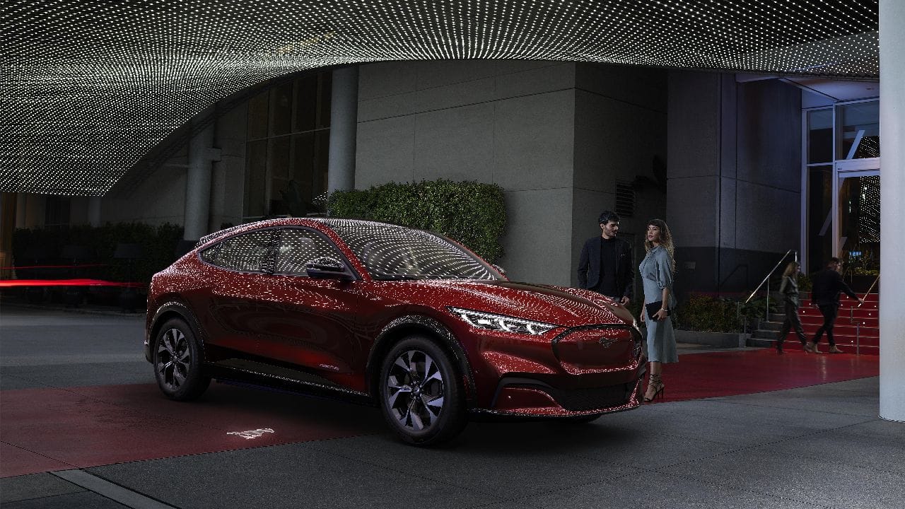 In terms of styling, the Mach E gets all of the Mustangs features, the running horse badges, the headlamp, tail lights and even the lines running the length of the car. It is an SUV, however, and sports a muscular dominating stance. (Image source: Ford)