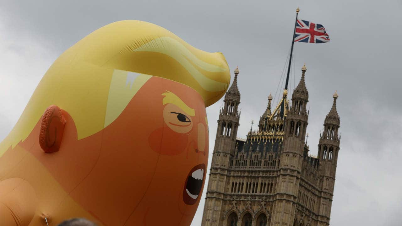 A giant inflatable blimp depicting Donald Trump as a pouting baby floats during an anti-Trump protest in London on June 4, 2019. (Image: Reuters/Alkis Konstantinidis)
