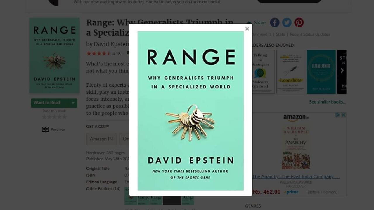 Range by David Epstein: The author argues that in this rapidly changing world that is moving towards automation, it is the generalists that are most likely to taste lasting success in the future. Through his research, Epstein discovered that in most fields, though generalists find their path late, they can make special connections better than their specialists, they are more creative, agile and as a result, are likely to thrive better in today’s fast-pace environment. (Image: Goodreads)