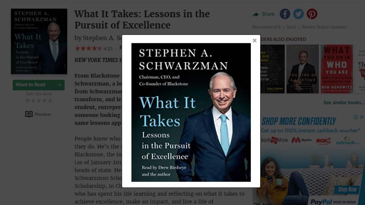 What It Takes by Stephen A. Schwarzman: The founder and CEO of Blackstone talks about his journey, and his learnings from creating one of the most successful private equity and real estate investors in the world. In this book, Schwazman recounts how his simple motto “don’t lose money” added a strong rigour to the company’s investment process and its unique method of deal making. (Image: Goodreads)