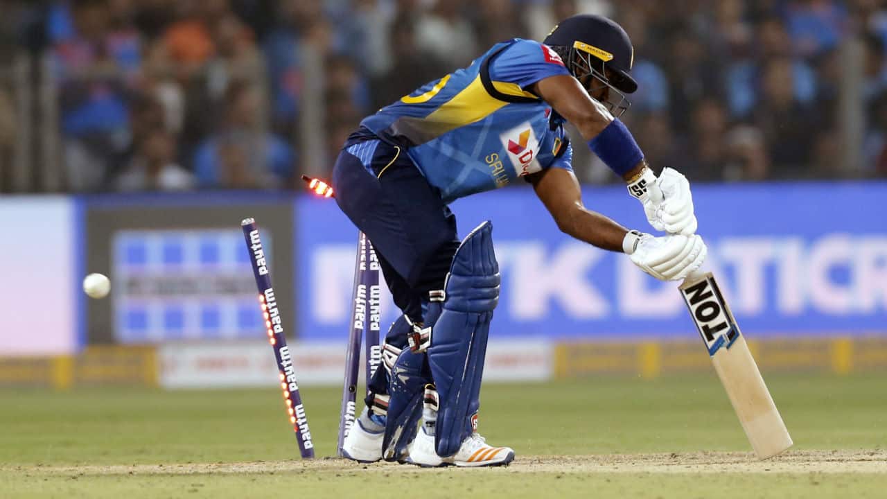 There was no respite for Sri Lanka as the Men in Blue kept picking wickets at regular interval. Next to be dismissed was Kusal Perera who was castled by Navdeep Saini in the 6th over. Sri Lanka were 26/4. (Image: AP) There was no respite for Sri Lanka as the Men in Blue kept picking wickets at regular interval. Next to be dismissed was Kusal Perera who was castled by Navdeep Saini in the 6th over. Sri Lanka were 26/4. (Image: AP)