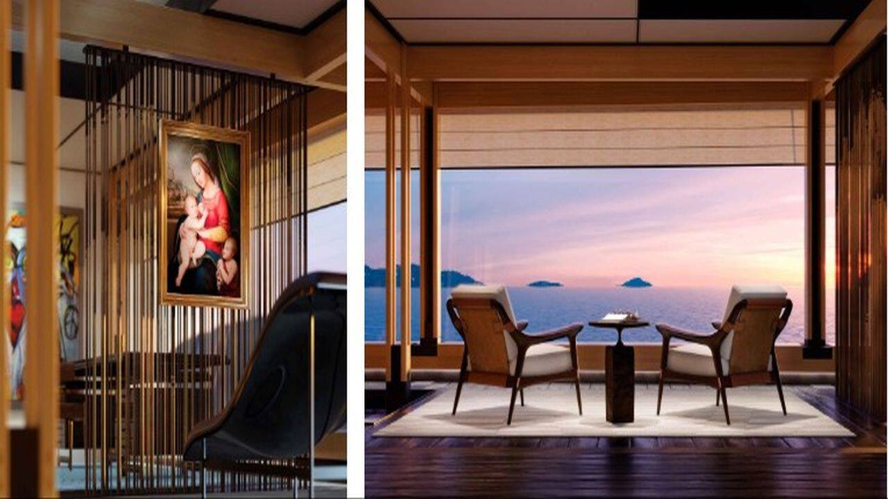 The owner's pavilion is arranged in an open-plan area of interlinked spaces that are divided by crafted wooden screens. (Image: Sinot)