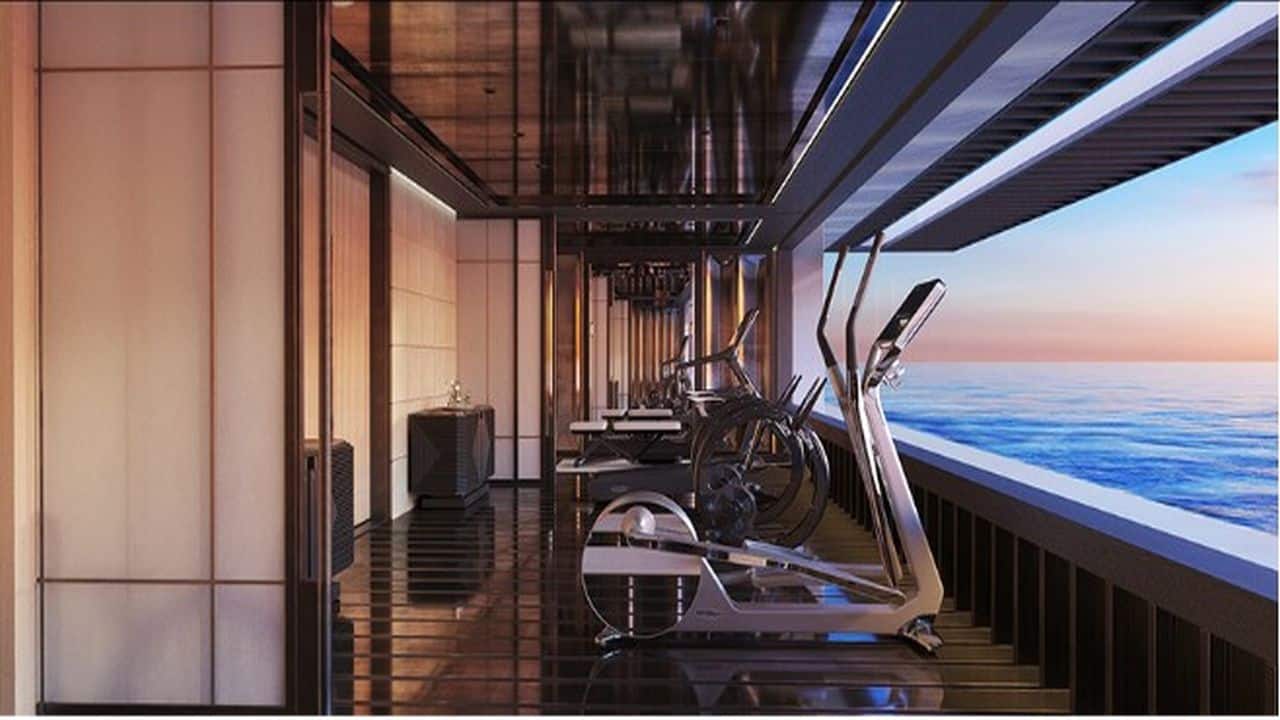 Sinot has equipped the Aqua's indoor health &amp;amp; wellness with a hydro-massage room, a yoga space and workout floor and a massive, gym-wide door in the hull that opens to the ocean's surface. (Image: Sinot)