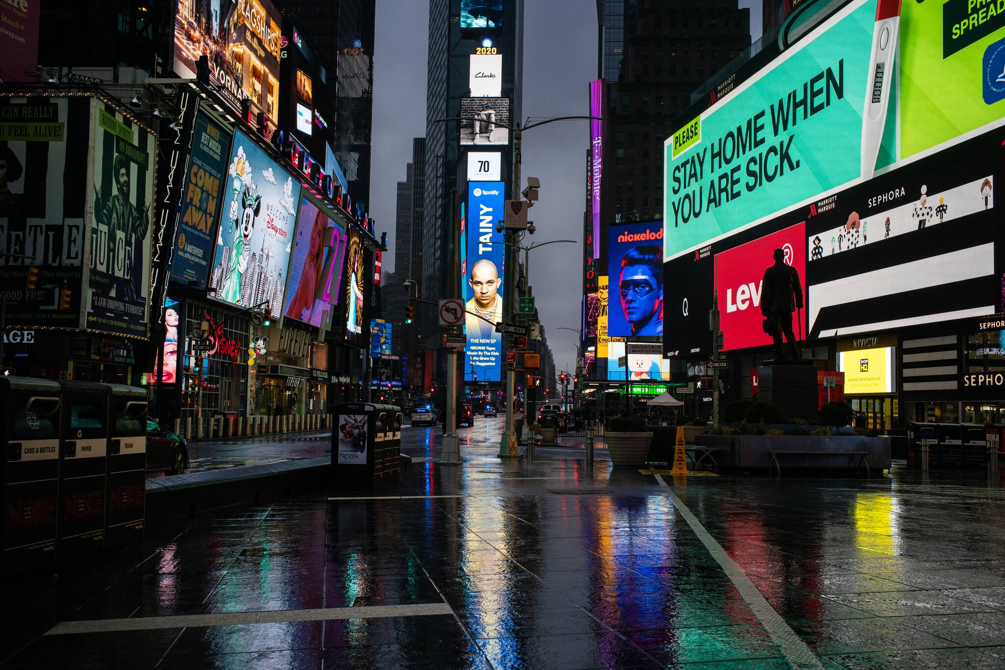 Times Square in New York City was mostly devoid of people on Thursday, March 19, 2020.(Todd Heisler/The New York Times)