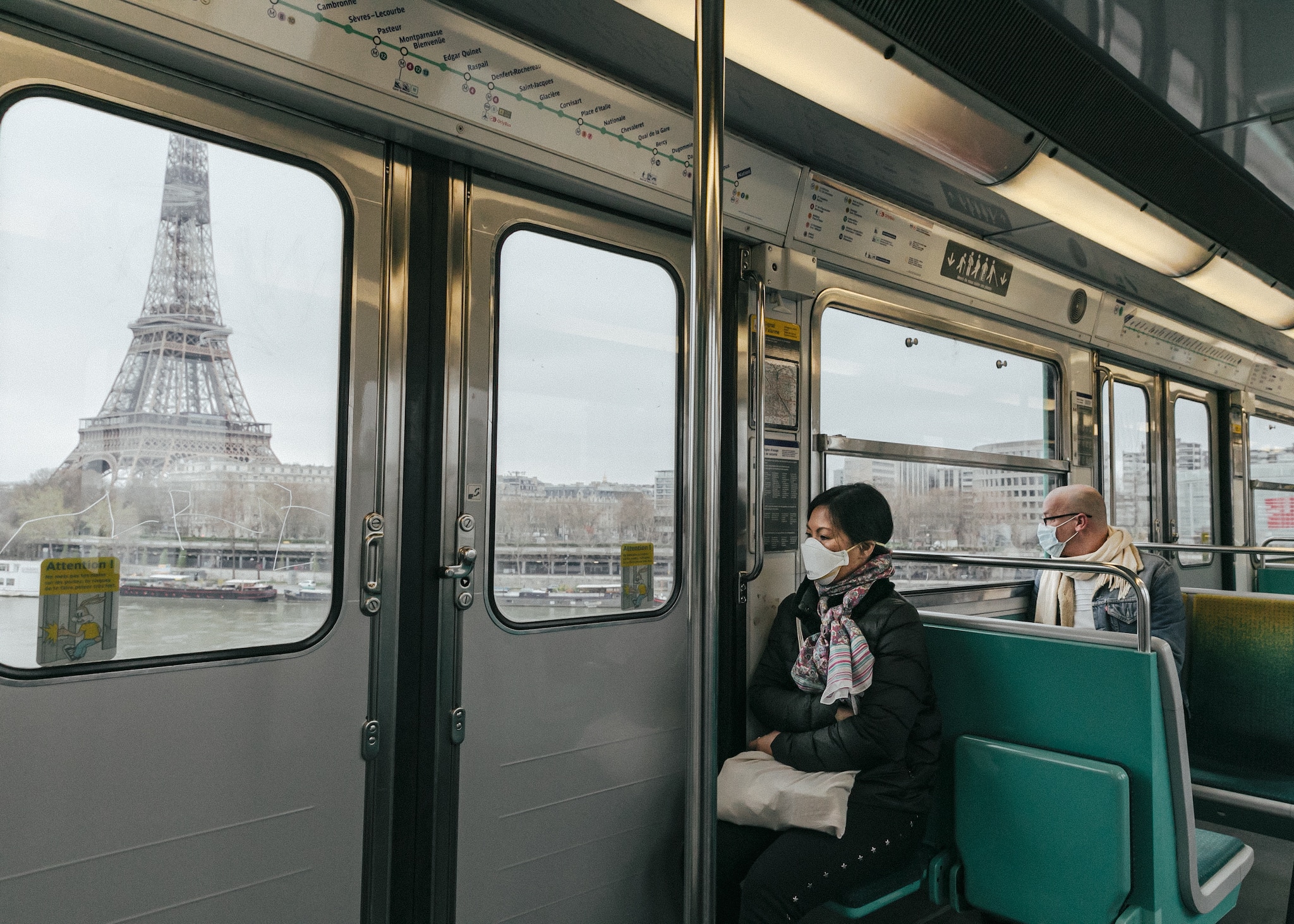 The Eiffel Tower and the Seine seen from the metro in Paris, March 21, 2020. (Andrea Mantovani/The New York Times)