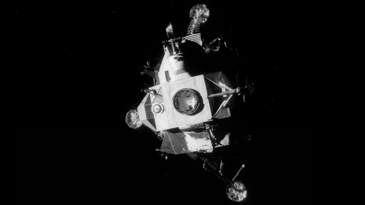This April 17, 1970 photo provided by NASA shows the Apollo 13 lunar module photographed from the command module just after the lunar module was jettisoned, about an hour before splashdown of the command module in the Pacific Ocean. The explosion of an oxygen tank in the service module forced the Apollo 13 crew members to rely on the lunar module as a "lifeboat." (NASA via AP)