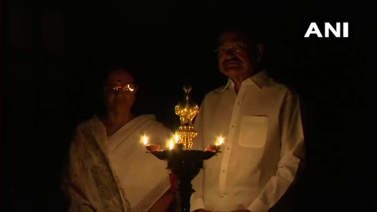 Vice President Venkaiah Naidu turns off all the lights of his residence and lights earthen lamps. (Image: ANI)