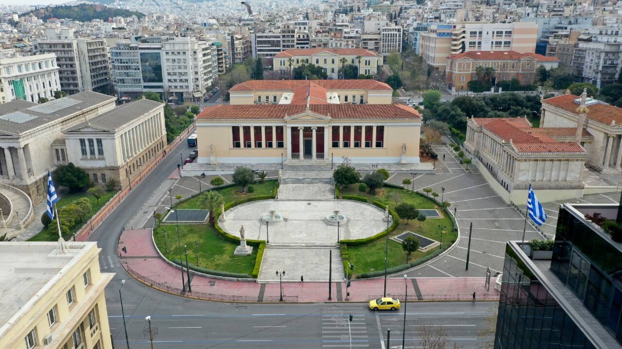 An aerial view of the Athens University headquarters building and a deserted Panepistimiou street, in Athens as the Greek capital, like so many cities across the world, has seen its streets empty as part of a lockdown designed to stem the spread of the new coronavirus. (Image: AP)