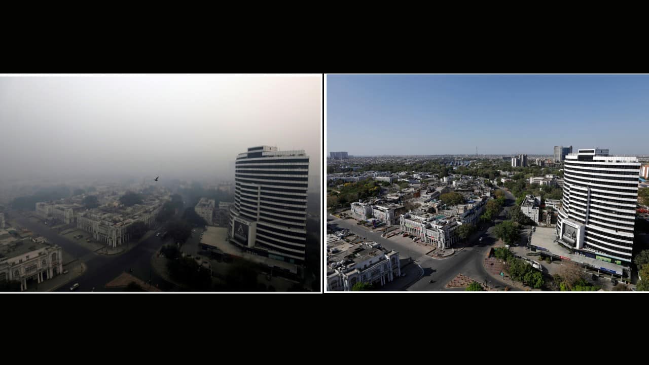 This before and after picture of building in New Delhi, India, which was once shadowed in the smog of air pollution on November 8, 2018 are now seen clearly om April 8, 2020 after the nation suspends all transport and construction activity to combat COVID-19 pandemic. (Image: Reuters)