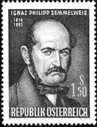 Postage stamp of Ignaz Philipp Semmelweis, 1818–1865. Issued in Austria in 1965 on the 100th anniversary of his death.