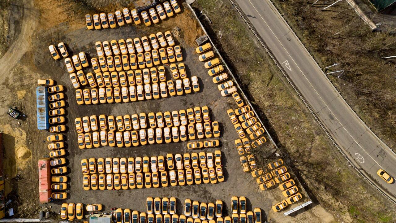 A taxi park full of parked cars due to lack of orders is viewed from a drone taken on the outskirts of Moscow, Russia after when the President Vladimir Putin ordered most Russians to stay off work until the end of the month as a part of a partial economic shutdown to curb the spread of the coronavirus. (Image: AP)