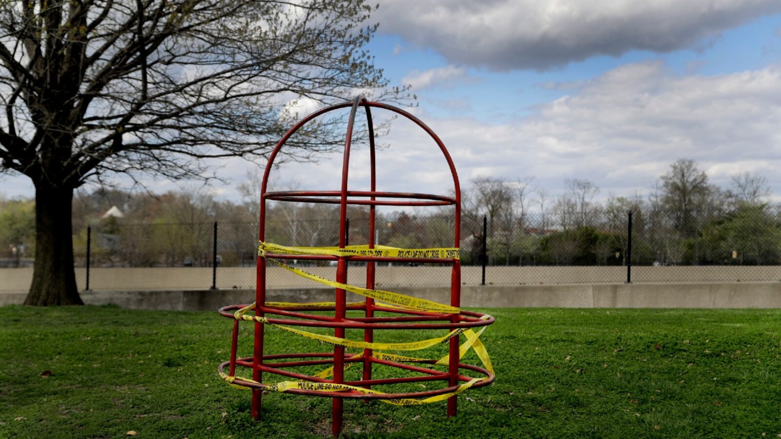 Empty playground, closed due to corona virus, forbidden to enter