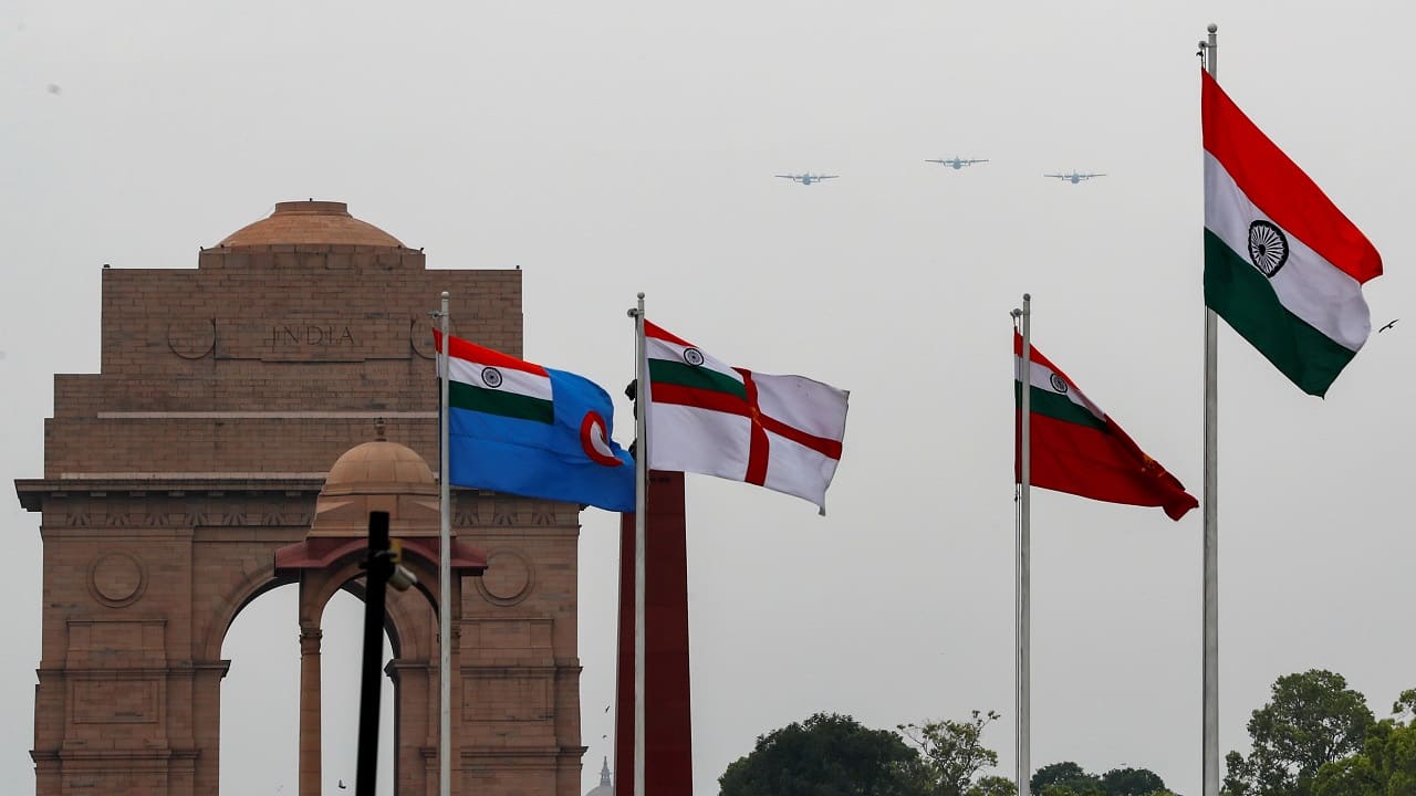 Indian Air Force (IAF) aircraft fly over Rajpath in New Delhi to show solidarity with frontline warriors fighting against the novel coronavirus, on May 3, 2020. (Image: Reuters)