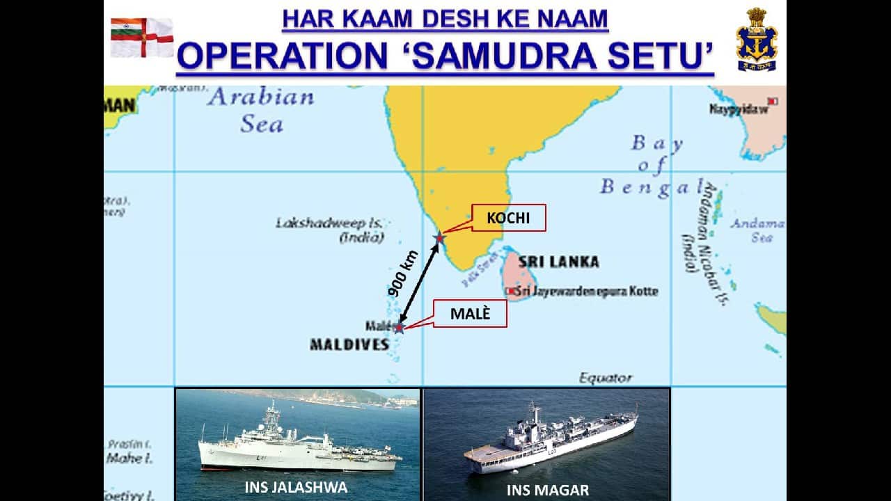 Indian naval ships, Jalashwa and Mgara, are enroute to the port of Malè, the Republic of Maldives to commence evacuation operations. Around 1,000 people are planned to be evacuated in the first trip while following the social distancing norms to stem the spread of coronavirus. The evacuated citizens will be disembarked at Kochi, Kerala and will be entrusted to the care of state authorities. (Image: pib.gov.in)