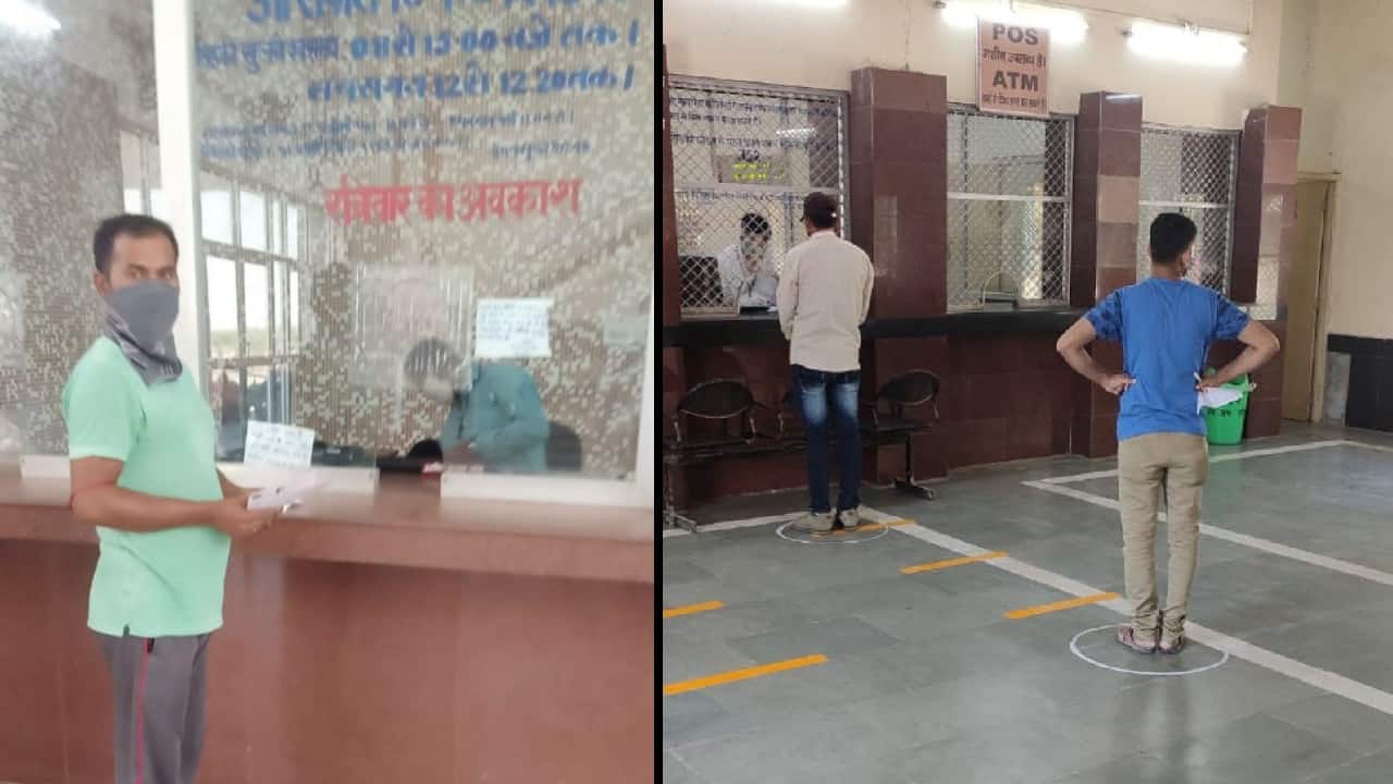 A passenger stand inside the circle to maintain social distance from others while waiting for his turn to buy ticket. (Image: News18)