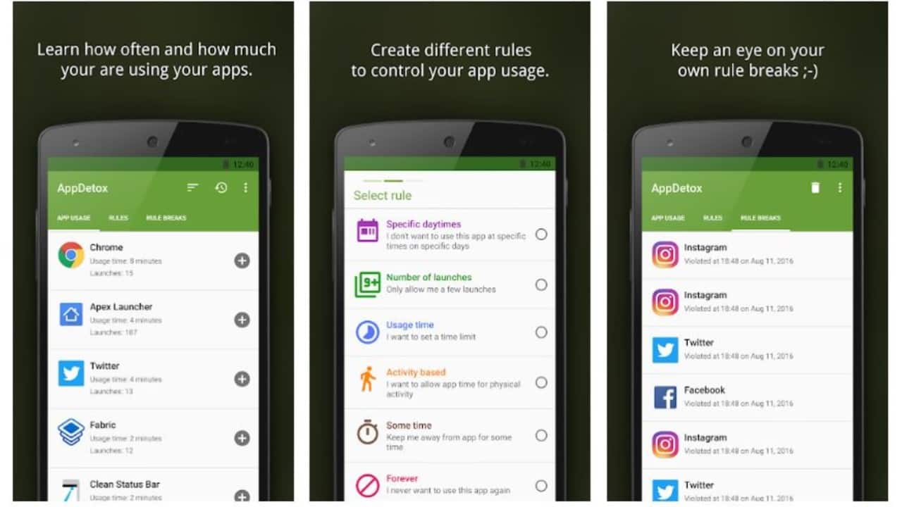 AppDetox | Android | AppDetox is a free Android app that helps limit your smartphone use. AppDetox lets you set your own parameter on an app to help you digitally detox. Once you set a parameter that locks an app, AppDetox will remind you every time you break the rules or parameters you have set. The app also provides a log of every time you have violated a parameter. 