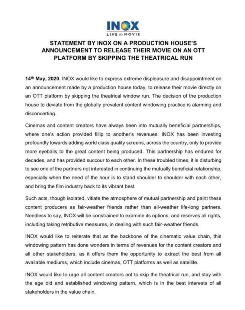 INOX Statement on OTT