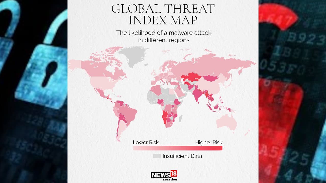 Global threat index map | The likelihood of malware attack in different regions. (Image: News18 Creative) Global threat index map | The likelihood of malware attack in different regions. (Image: News18 Creative)