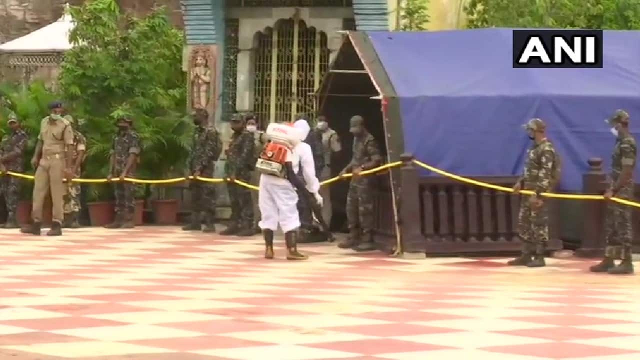Sanitisation conducted at Jagannath Temple in Puri before the procession. (Image: Twitter @ANI) Sanitisation conducted at Jagannath Temple in Puri before the procession. (Image: Twitter @ANI)