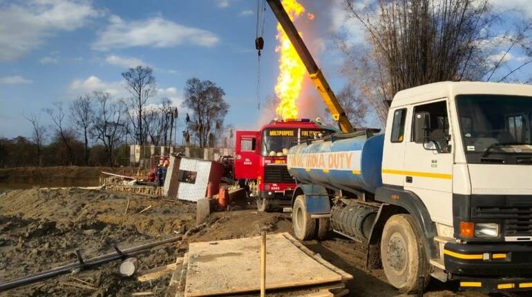 Ongoing mitigation efforts near the well site at Baghjan (Image: Twitter/ Oil India Limited)
