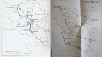 On the right, a Chinese map issued in the midst of the 1962 war indicating what they claim were Indian incursions (blue dots). On the left, the Foreign Languages Press, Peking 1974 publication of Premier Zhou’s letter to Afro-Asian leaders on the Sino-Indian boundary issue on November 15, 1962.