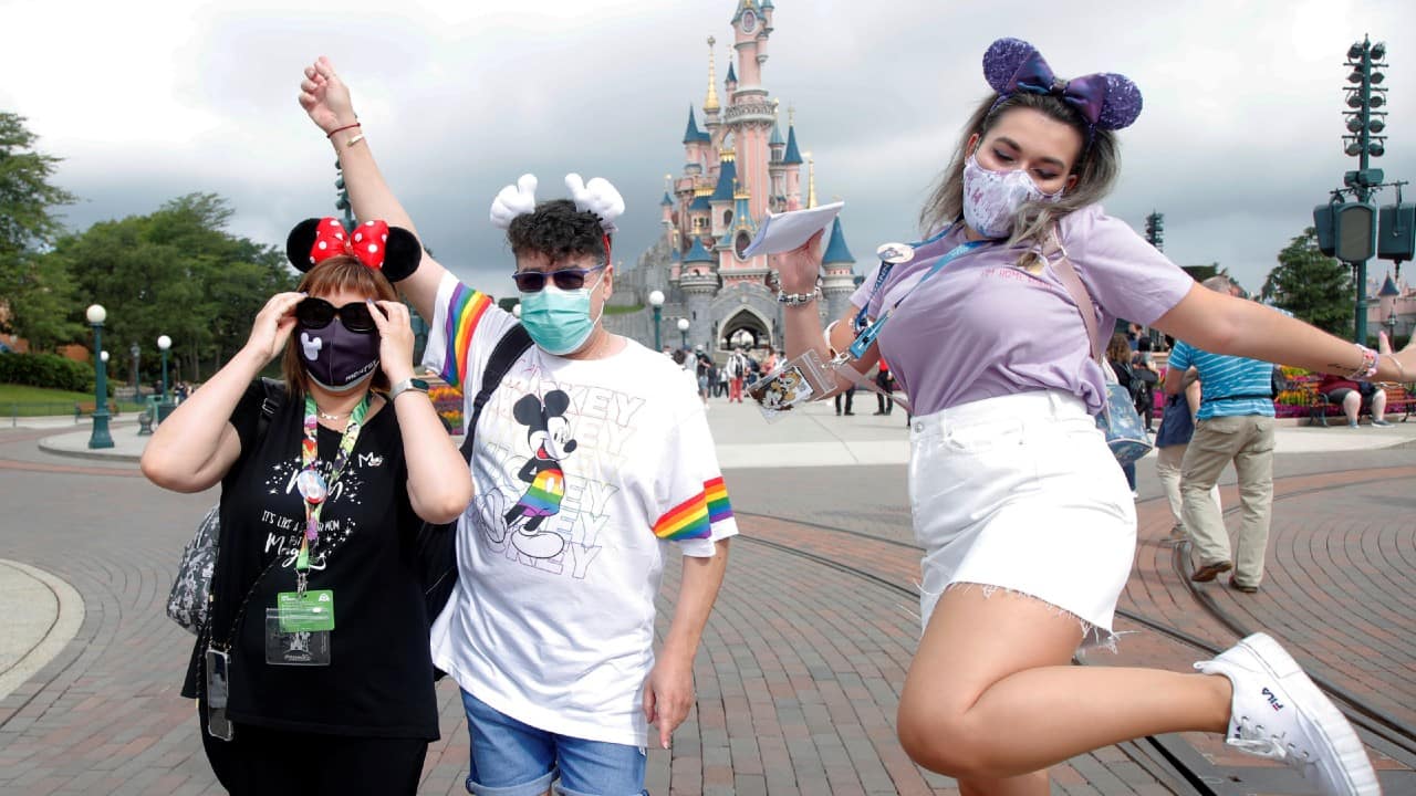 First visitors arrive at Disneyland Paris as the theme park reopens its doors to the public in Marne-la-Vallee, near Paris, France, July 15. (Image: Reuters)