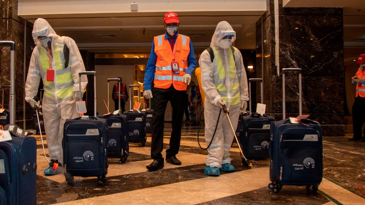 The Saudi government is covering the expenses of all pilgrims this year, providing them with meals, hotel accommodation, transportation and health care. For the first time in Saudi history, no pilgrims from abroad were permitted to take part in the hajj due to concerns about the coronavirus and overcrowding. Also, this year the international media were not given permission to cover the hajj from Mecca. The luggage of pilgrims is sanitized in a hotel lobby in Mecca ahead of the annual hajj pilgrimage, July 26. (Saudi Ministry of Media)