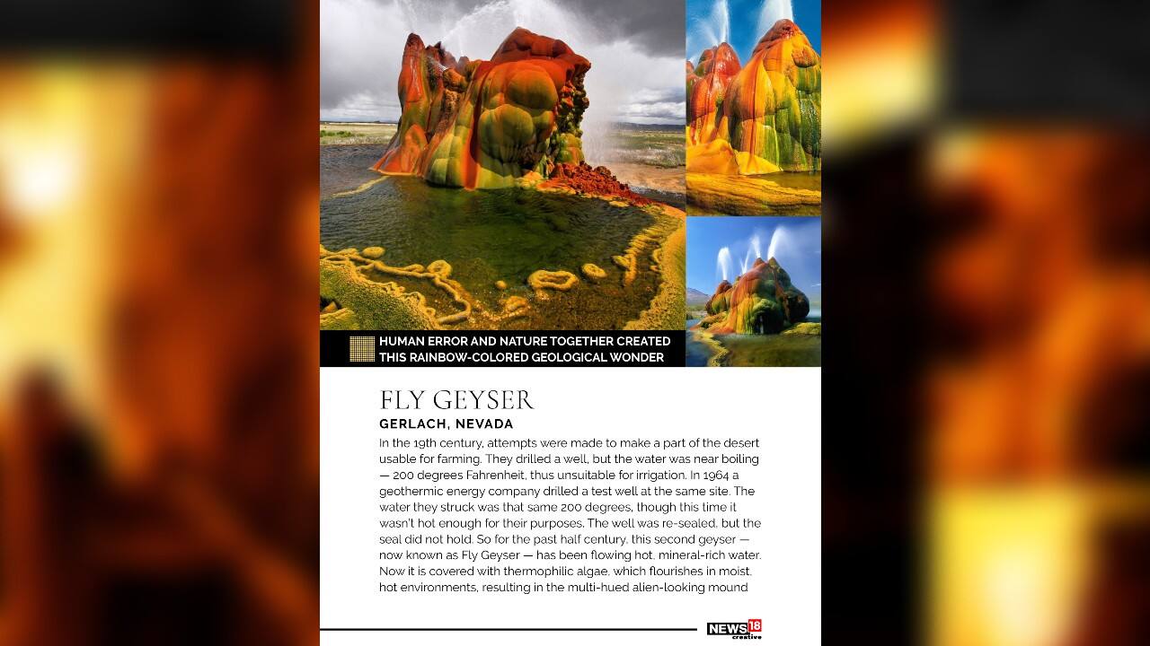Fly Geyser, Nevada | Human error and nature together created this rainbow-colored geological wonder. (Image: News18 Creative)