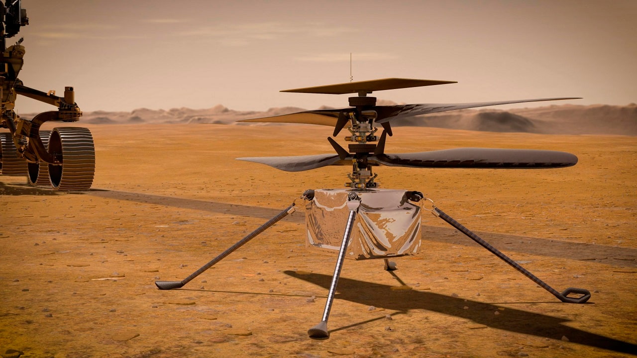 Illustration of NASA's Ingenuity Mars Helicopter on the red planet's surface near the Perseverance rover (left) (Image: NASA/JPL-Caltech via AP)