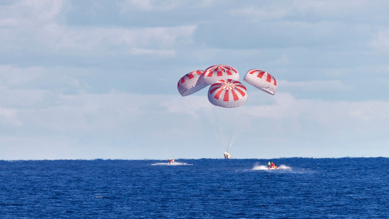 The SpaceX capsule splashes down August 2, in the Gulf of Mexico. (Cory Huston/ NASA via AP) The SpaceX capsule splashes down August 2, in the Gulf of Mexico. (Cory Huston/ NASA via AP)