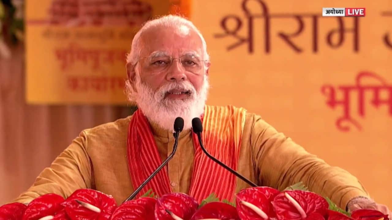 PM Narendra Modi addressed seers and other attendees on the occasion of stone laying ceremony for Ram Temple in Ayodhya. (Image: Twitter @BJP4India)