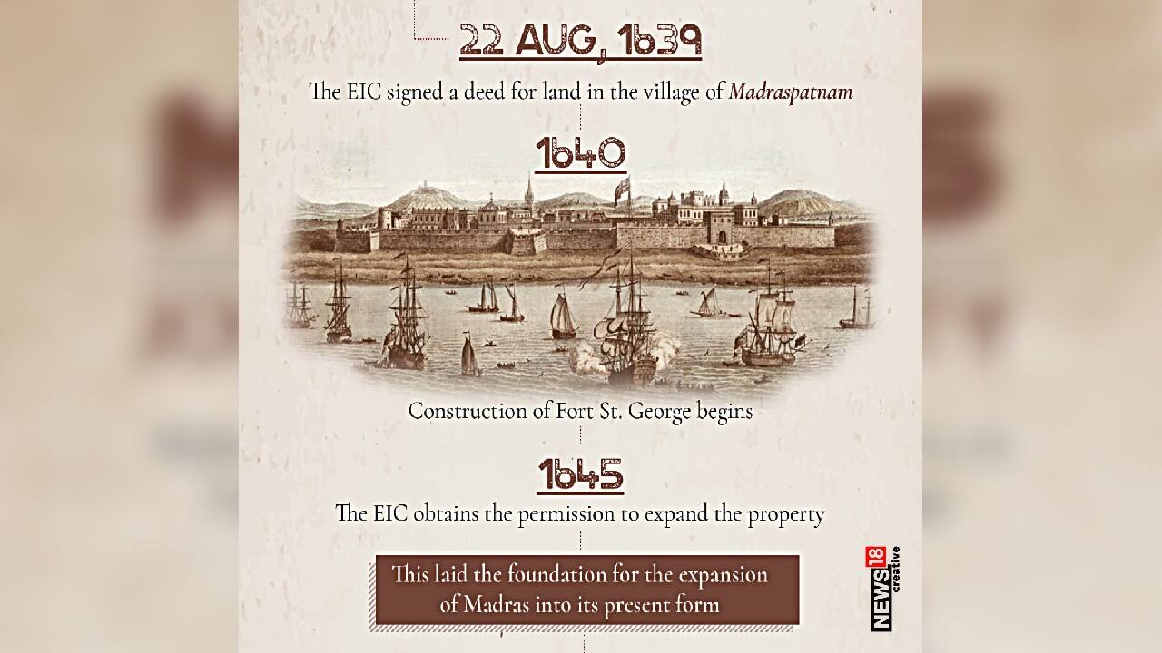 On August 22, 1639, the EIC signed a deed for land in the village of Madraspuram. Construction of Fort St. George began in the year 1640 and 5 years after that the EIC obtained the permission to expand the property. (Image: News18 Creative)