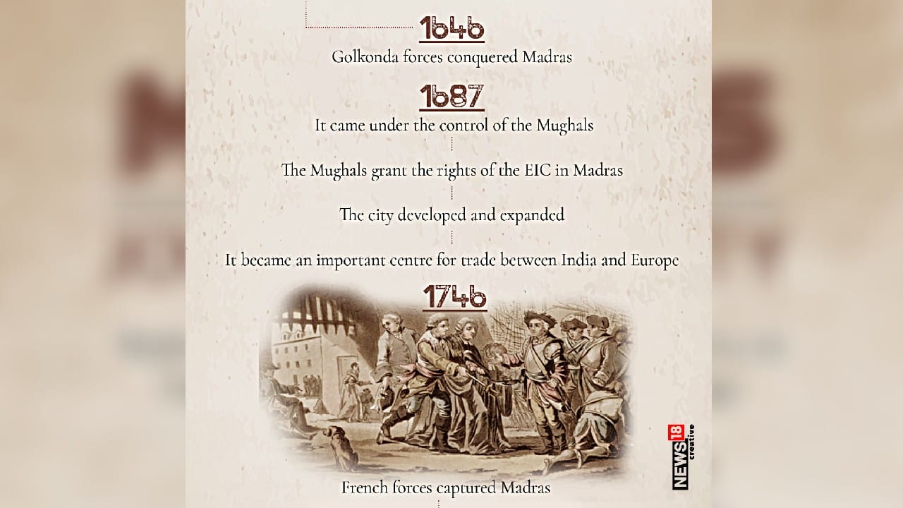 In 1647 Golkanda forced conquered Madras, later it came under the control of the Mughals in 1687. Madras became an important centre for trade between India and Europe. But after being under control by Mughals for 59 years, French forces captured Madras in 1746. (Image: News18 Creative)